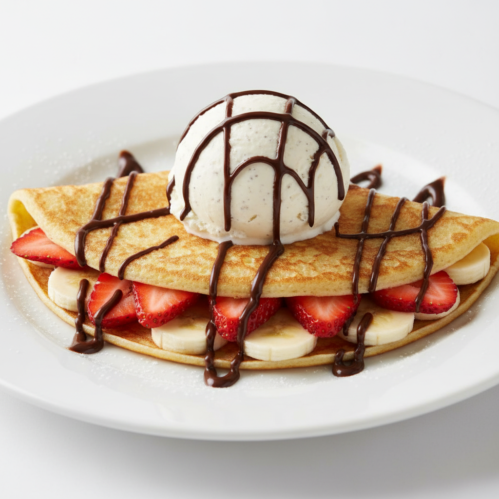 Crepe Recheado de Morango, Banana e Sorvete