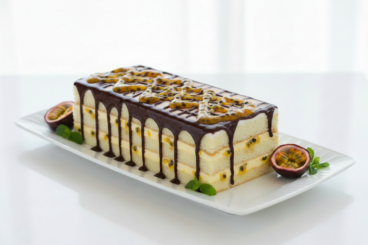 Bolo de Maracujá - Camadas Visíveis com Chocolate Escuro