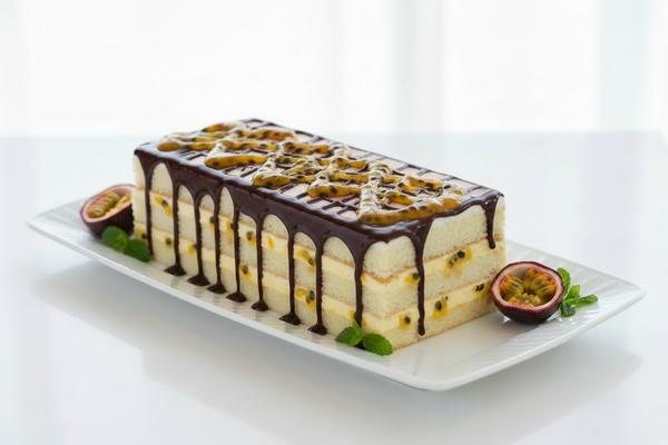 Bolo de Maracujá - Camadas Visíveis com Chocolate Escuro