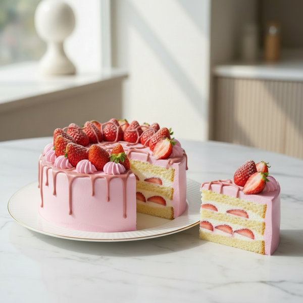 Bolo de Morango com Creme Rosa e Morangos Fatiados