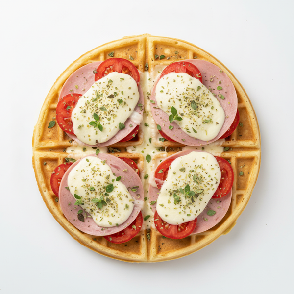 Waffle Salgado com Mortadela de Peru, Mozzarella, Tomate e Orégano